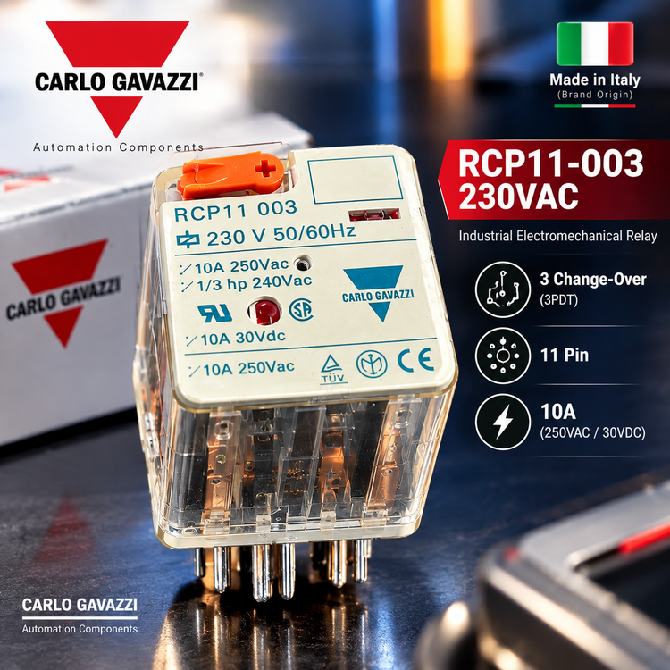 رله صنعتی Carlo Gavazzi RCP11-003-230VAC، 11 پایه، 3PDT، 10 آمپر، بوبین 230VAC