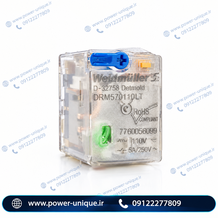 رله صنعتی وایدmüller مدل DRM570110LT، بوبین 110V DC، چهار کنتاکت تبدیلی 5A