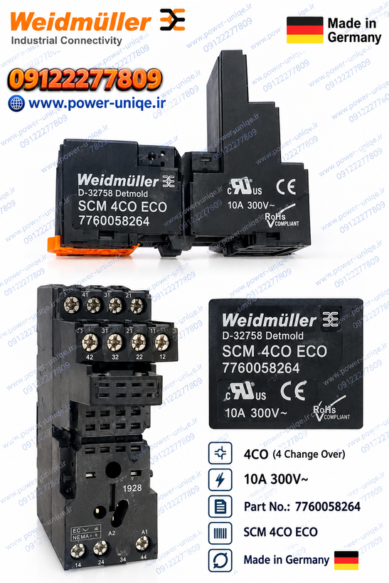 رله صنعتی وایدmüller مدل DRM570110LT، بوبین 110V DC، چهار کنتاکت تبدیلی 5A